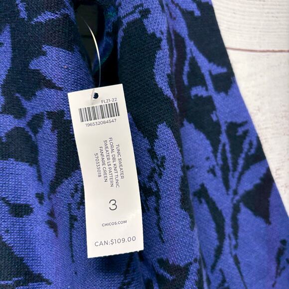 NWT Chico's size 3 (XL/16) Blue Teal Floral Print Knit Tunic Sweater 3/4 Sleeve - Picture 4 of 9